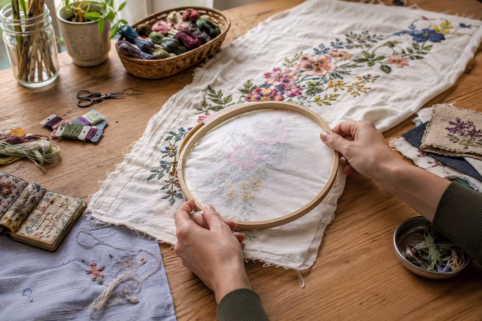 Beginner Hand Embroidery Hoops: Sizing for Long Projects - When to re-hoop versus when not to section detail