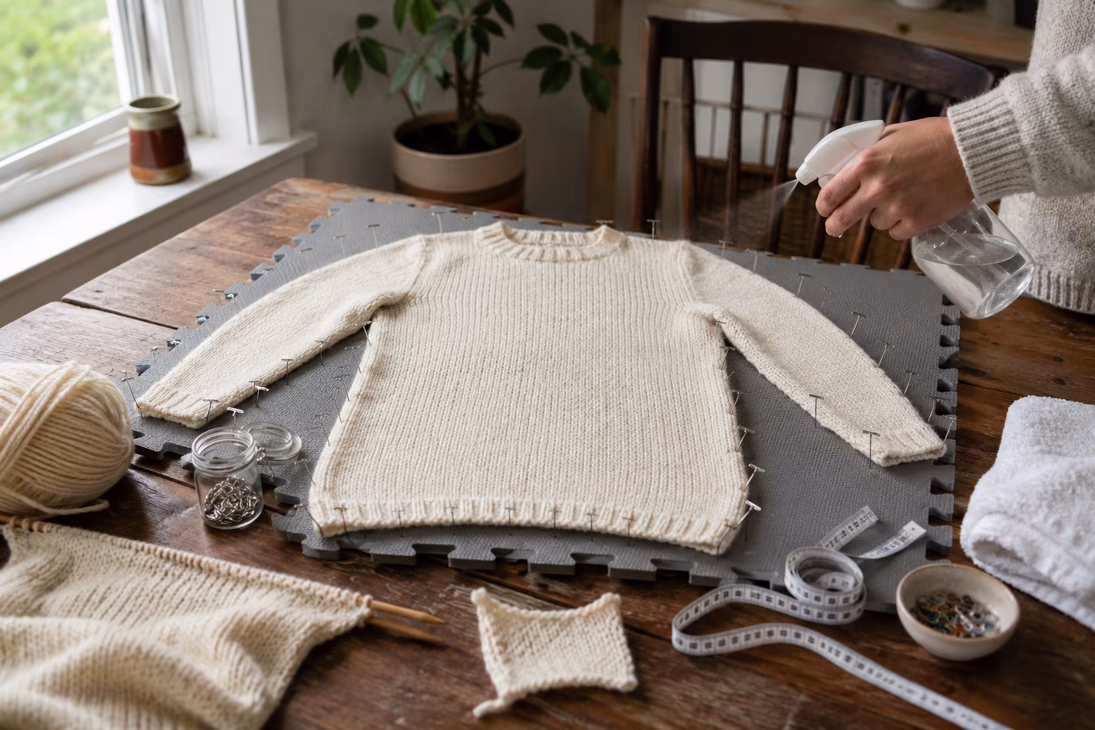 How to Block a Knitted Wool Sweater Without Felting - Spray blocking — the safest method section detail