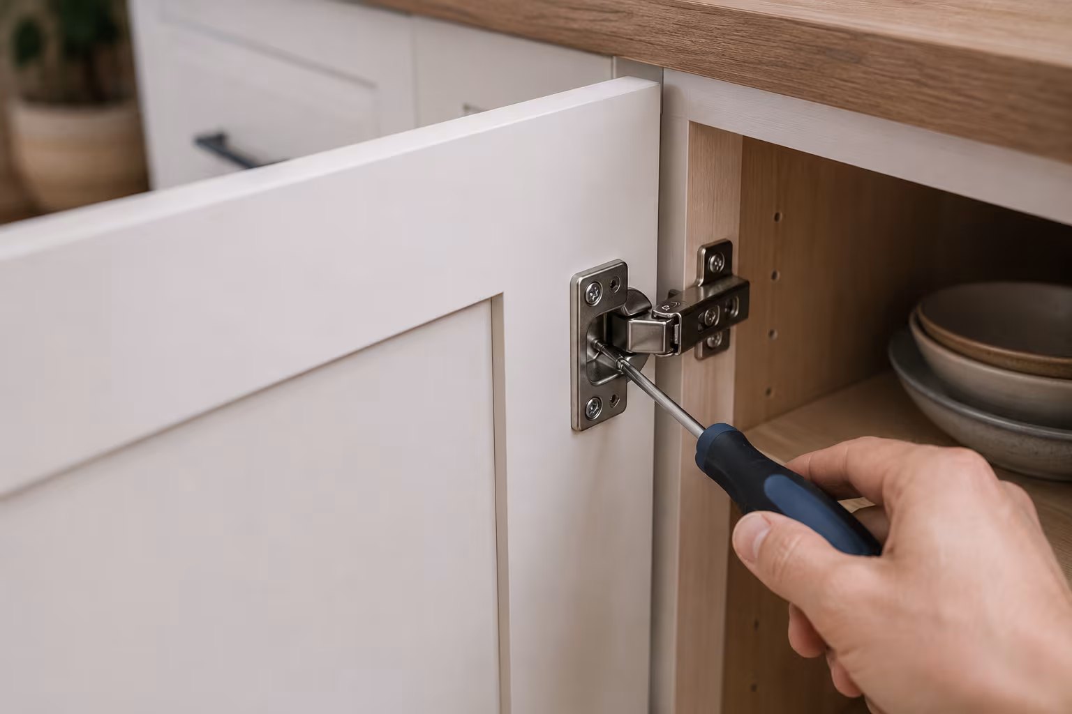 Cabinet Hinge Adjustment: Side, Depth, and Height Fix - Adjusting side-to-side section detail