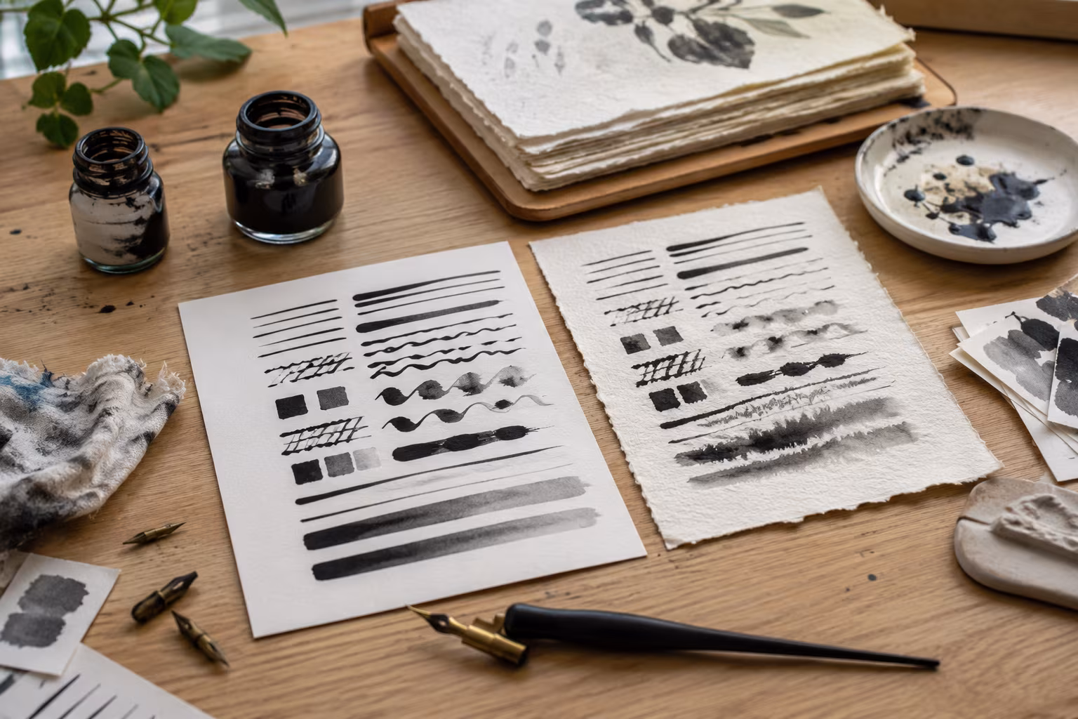Calligraphy Ink Comparison for Cotton Paper - Testing on cotton section detail