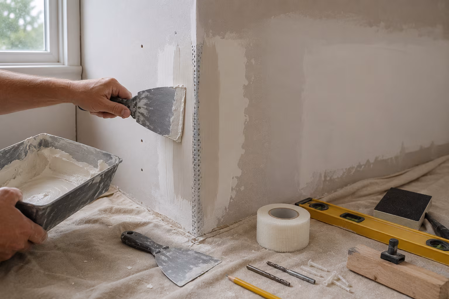 Drywall Corner Bead Replacement After Damage - Mudding and taping section detail