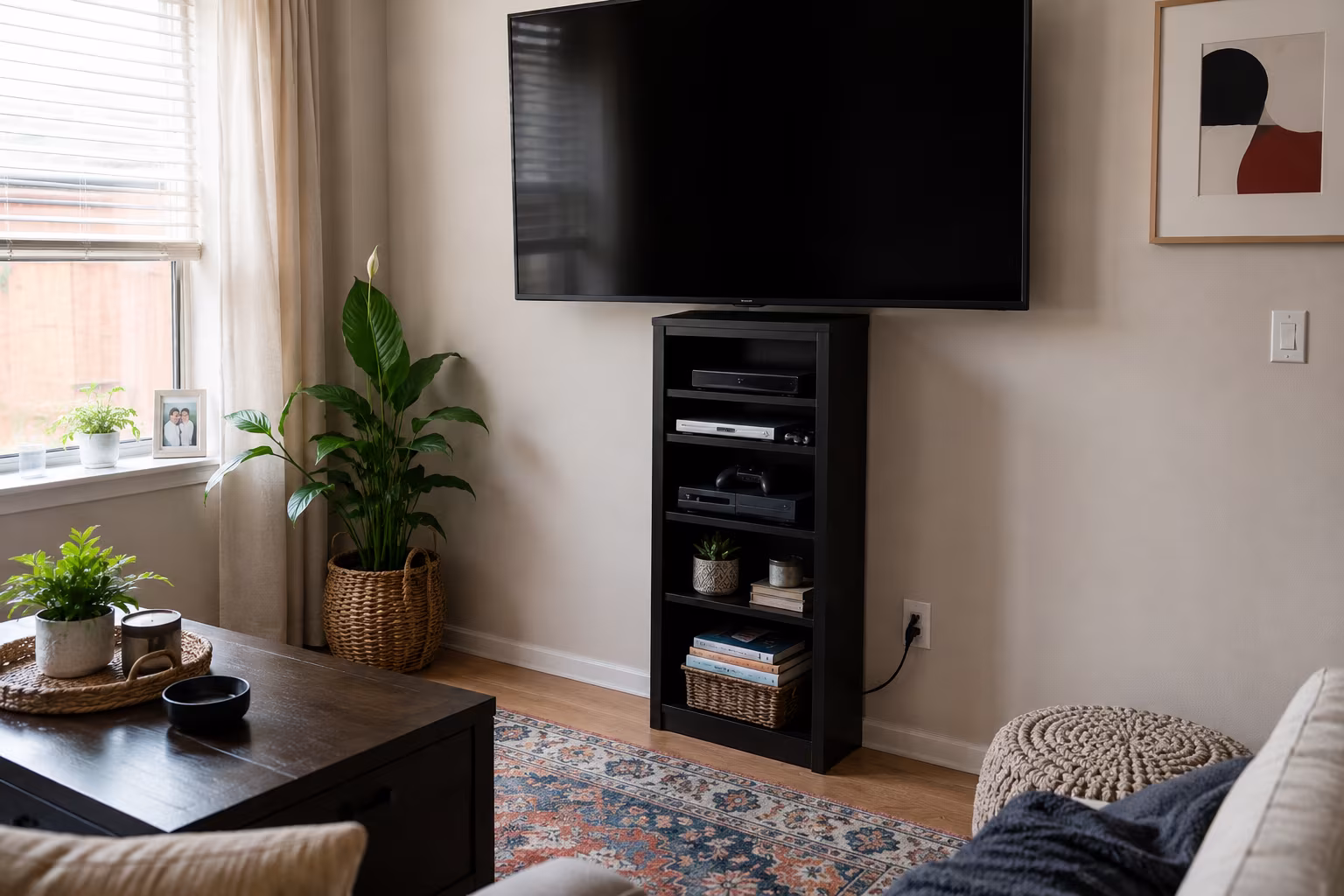 Hide TV Cable Clutter Renter-Safe Without Drilling - The bookshelf or console trick section detail