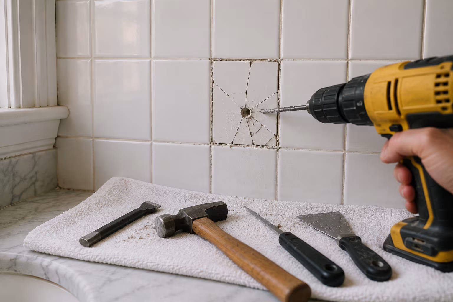 Replacing a Cracked Bathroom Tile Without Re-grouting - Breaking the cracked tile out section detail