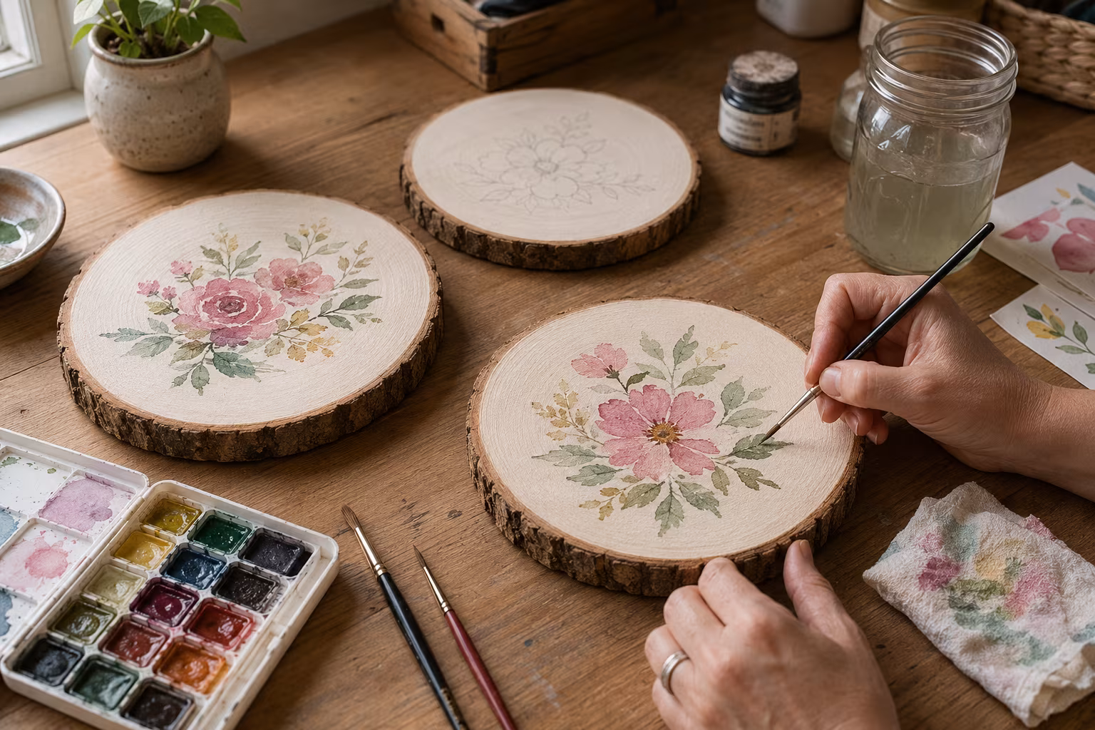 Sealing Watercolor Wood Slices for Indoor Display Pieces - The painting stage section detail