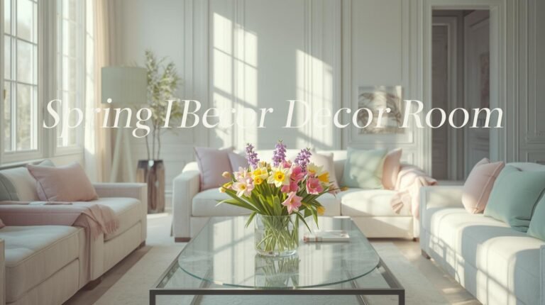 Cozy living room decorated with spring-inspired pastel cushions and flowers.
