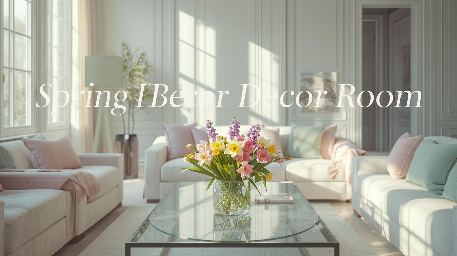 Cozy living room decorated with spring-inspired pastel cushions and flowers.
