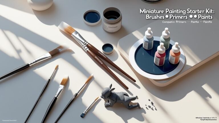Starter kit flat-lay with brushes, primered mini, and paints