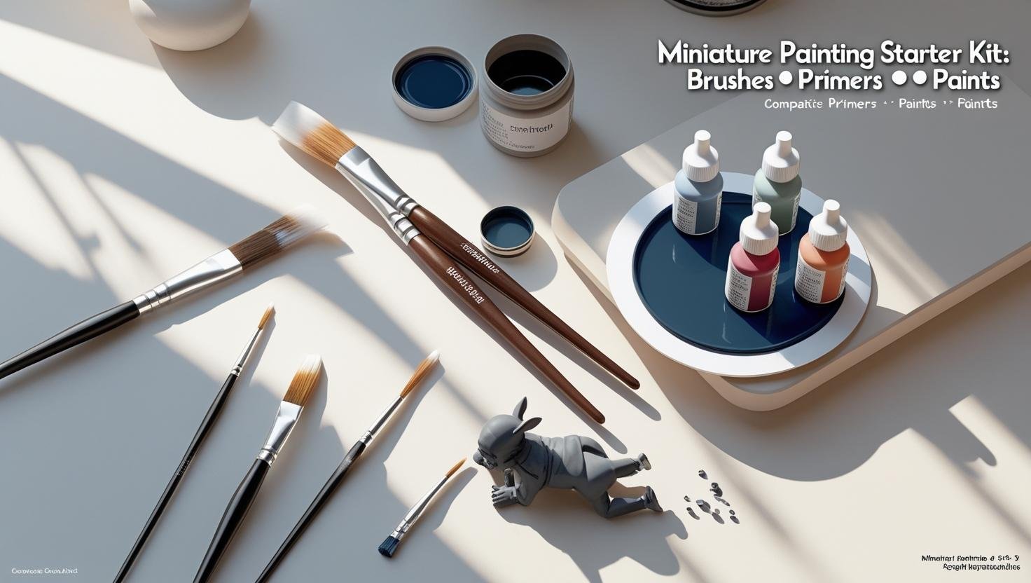 Starter kit flat-lay with brushes, primered mini, and paints