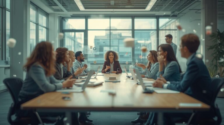 Corporate workshop with employees collaborating to boost productivity