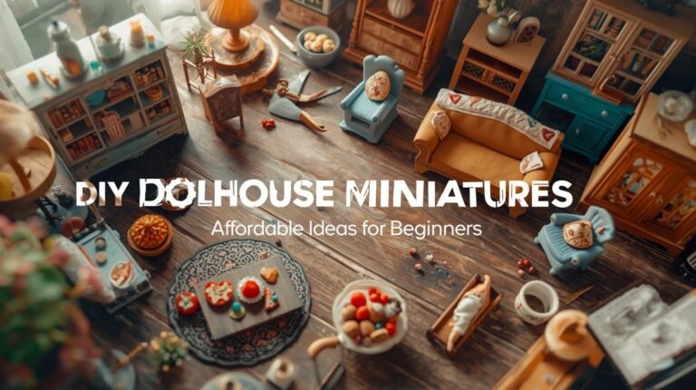 DIY dollhouse miniatures including tiny furniture and food on a crafting table.