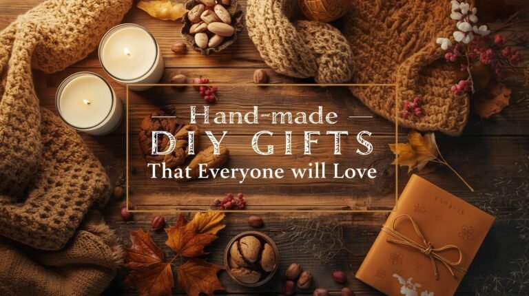 Flat lay of handmade DIY gifts with cozy rustic vibes, including candles, cookies, and crafts.