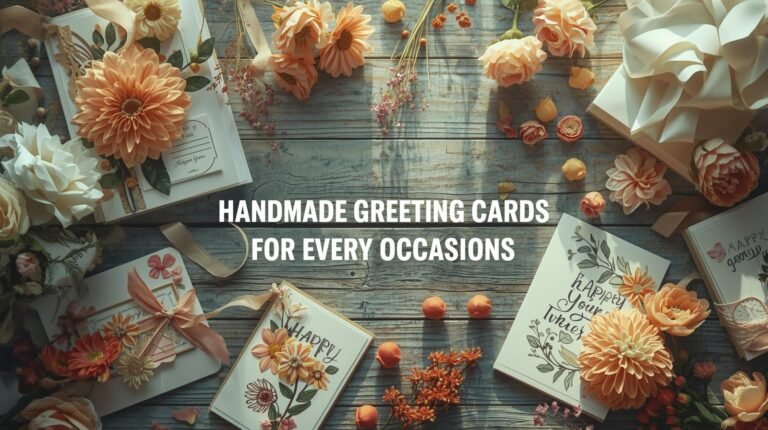 Handmade greeting cards with floral and ribbon decorations on a wooden background.