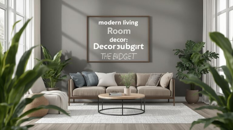 Modern living room decorated with budget-friendly furniture, plants, and cozy textiles.