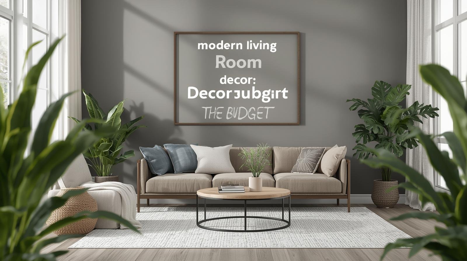 Modern living room decorated with budget-friendly furniture, plants, and cozy textiles.