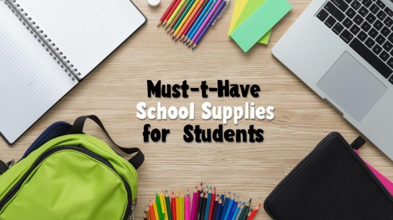 Flat lay of essential school supplies including backpack, notebooks, pens, and laptop.