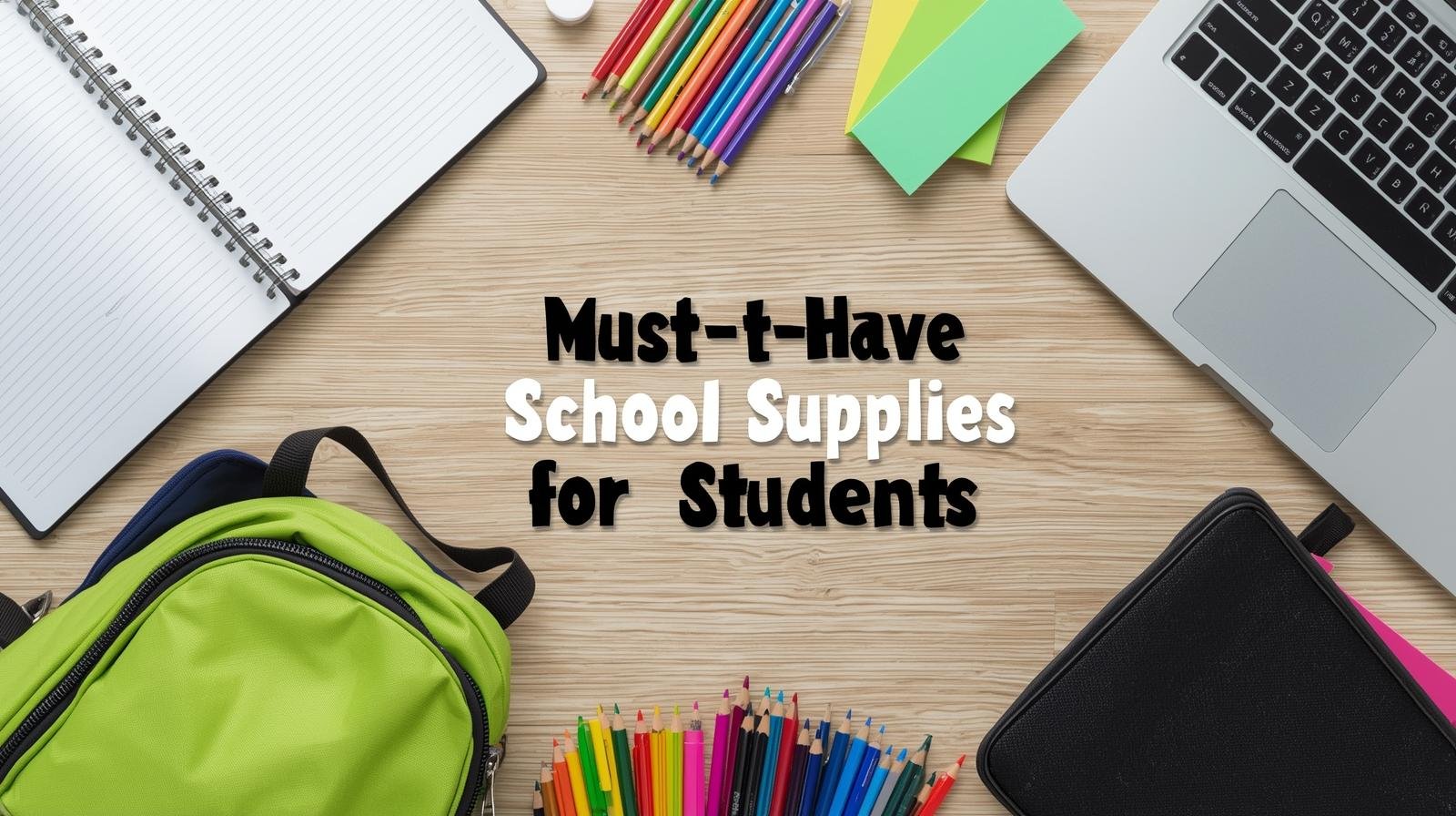 Flat lay of essential school supplies including backpack, notebooks, pens, and laptop.