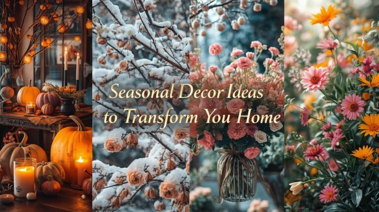 Seasonal home decor collage showing autumn, winter, spring, and summer styles.