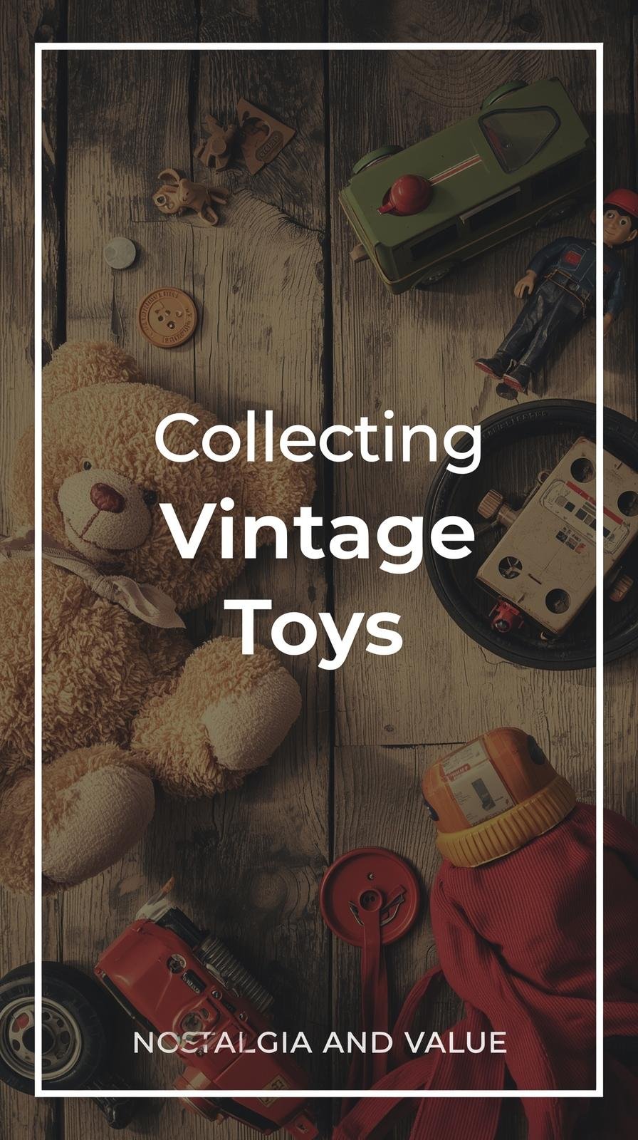 Vintage toys including teddy bears, action figures, and toy cars arranged aesthetically.