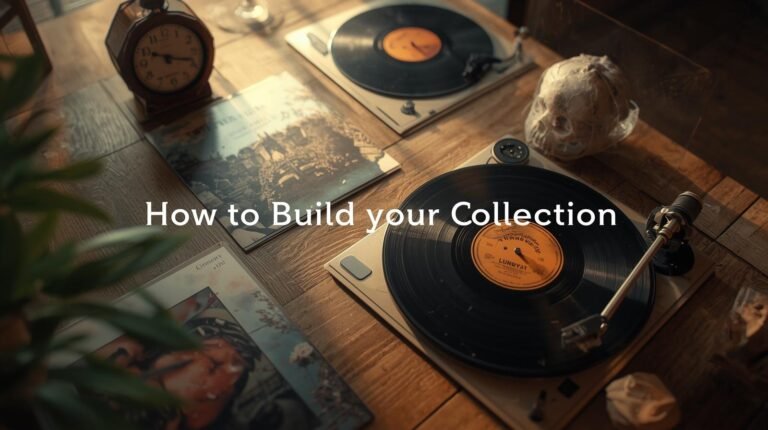 Flat lay of vinyl records and a turntable on a wooden table.