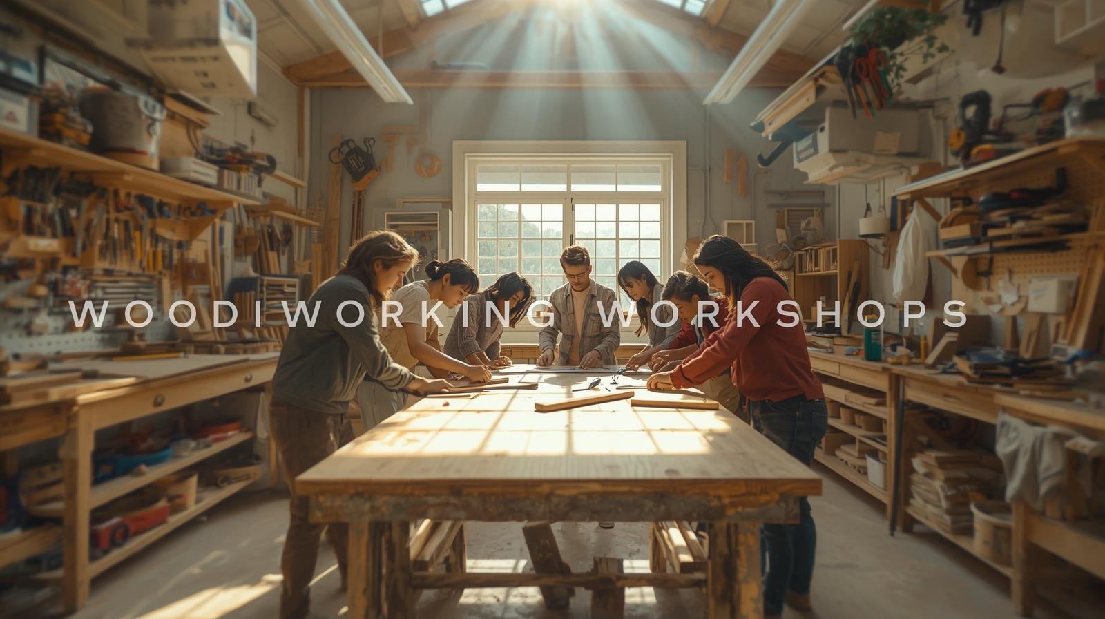 Students building wooden furniture in a workshop.